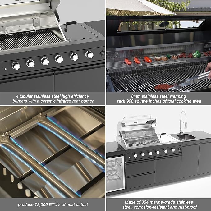 104 Inch Outdoor Kitchen Island, 7200 BTU Gas Grill Combination With Refrigerator and Sink, Outdoor Stainless Steel Barbecue Bar, Propane Grill for Patios, Gardens, Parties