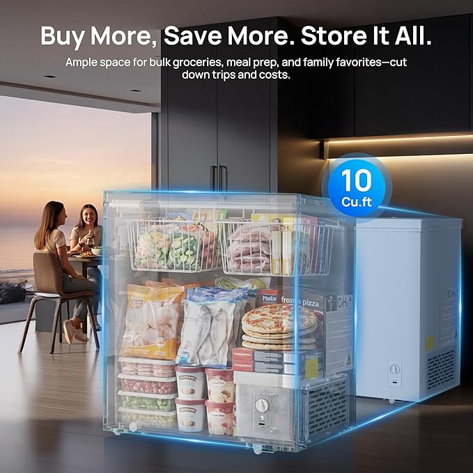 10 Cu.Ft Chest Freezer, Small Compact Deep Freezer with Adjustable 7 Thermostat, 2 Removable Baskets, Energy Saving, Quiet Top Open Door Mini Meat Freezer with LED Light for Garage Outdoor Home Office