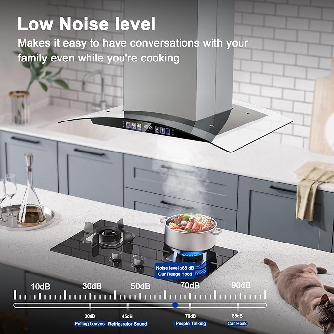 Island Range Hood 30 Inch 700 CFM Ceiling Mount Kitchen Vent Hood Tempered Glass with Color Gesture Sensing & Touch Control, 3 Speed Fan, 4 LED Lights, Permanent Filters