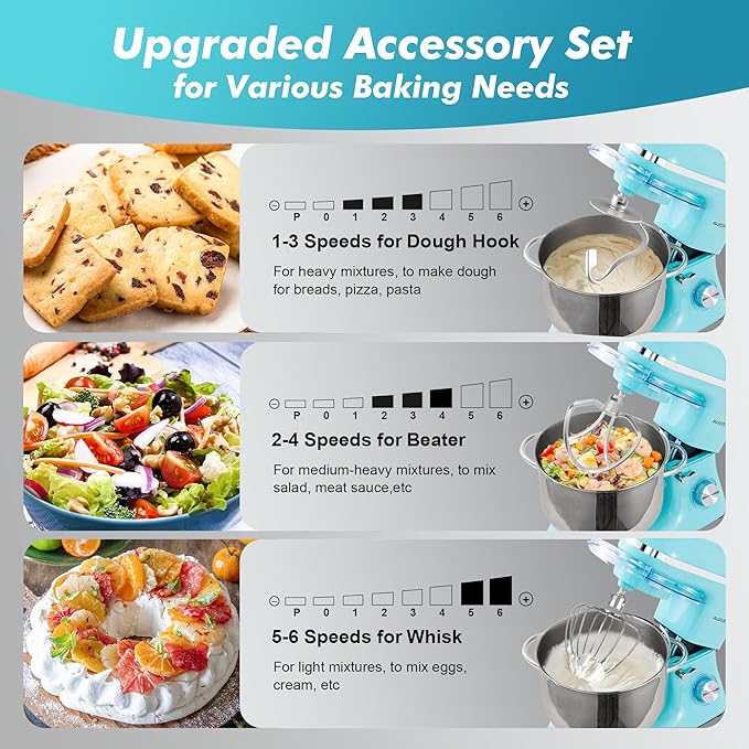 Aucma Stand Mixer, 8QT 900W 6-Speed Tilt-Head Food Mixer, Kitchen Electric Mixer with Dough Hook, Wire Whip & Beater (Blue, 8QT)