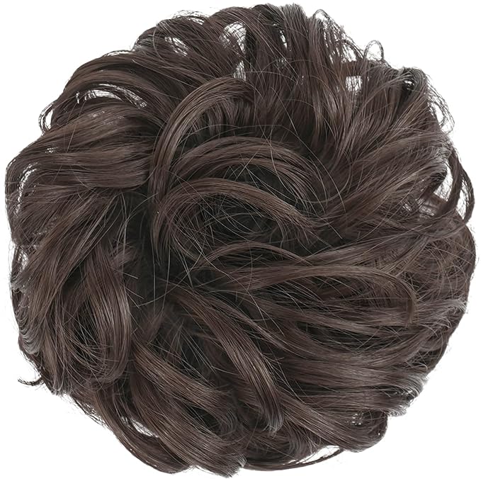 FESHFEN Large Messy Bun Hair Piece - Wavy Synthetic Chignon Scrunchies Elastic Ponytail Hair Extensions Thick Hairpieces for Women, Dark Brown 1.94oz