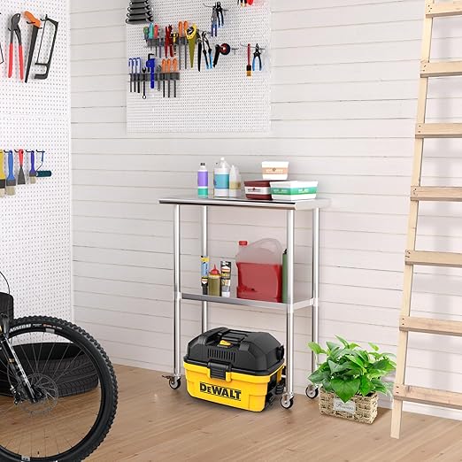 Stainless Steel Table with Wheels 14 x 30 Inches Metal Prep Table with Adjustable Undershelf & Casters for Commercial Kitchen, Outdoor, Restaurant, Hotel & Garage
