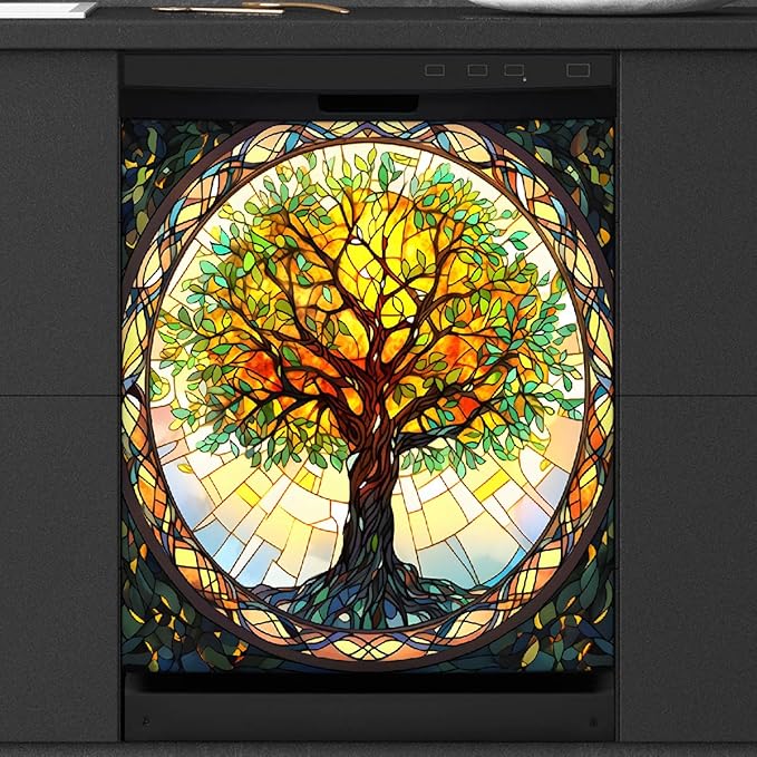 Tree of Life Spring Dishwasher Magnet Cover Rainbow Tree of Life Glass Dishwasher Decorative Cover Front Dishwasher Door Cover Reuseable Dishwasher Cover for Kitchen Home Appliances 23" X 26"