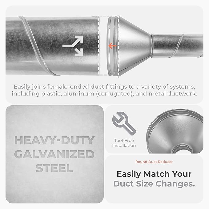 8" to 3" Inch Round Duct Reducer - Male Fit Galvanized Steel Pipe Increaser - Coupling for Round Duct Ventilation Systems - Heating & Cooling, HVAC