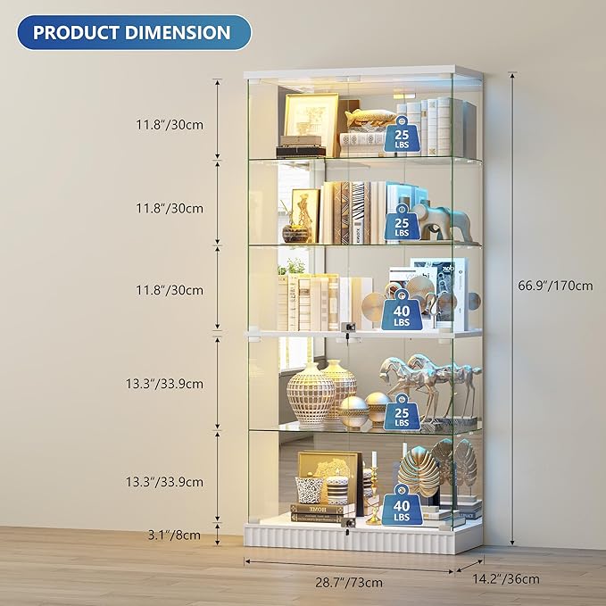 Glass Display Cabinet with RGB Lights - 5-Tiers Curio Cabinet Display Case with Lock, Frameless Tall Showcase Display Shelf for Collectibles & Legos, Living Room Bookcase Storage Cabinet (White)
