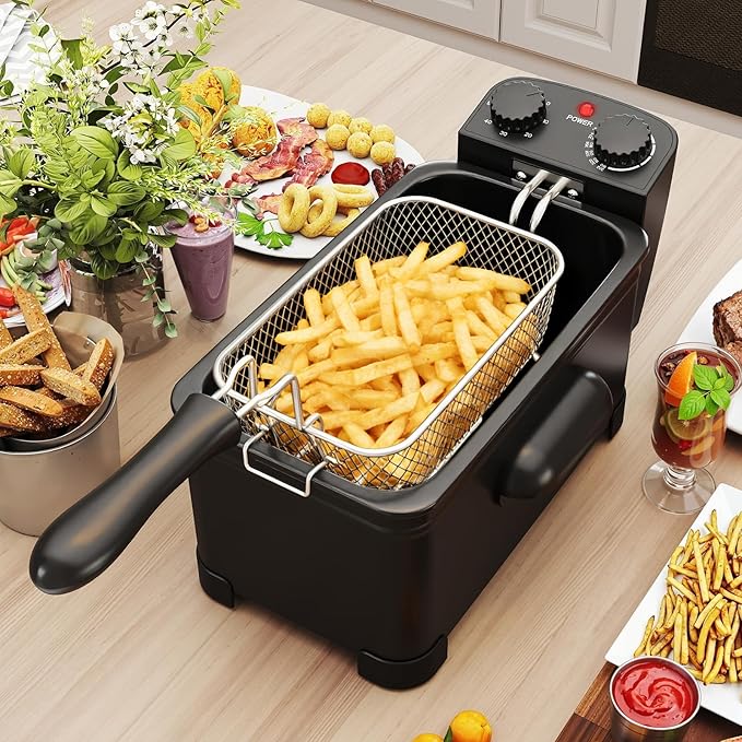 SIMOE Electric Deep Fryer with Basket, 1700W Countertop Oil Fryer with Adjustable Temperature, Lid with Viewing Window, 3 Liter / 12 Cup Oil Capacity, Small Deep Fryer Pot for Home Use, Easy to Clean