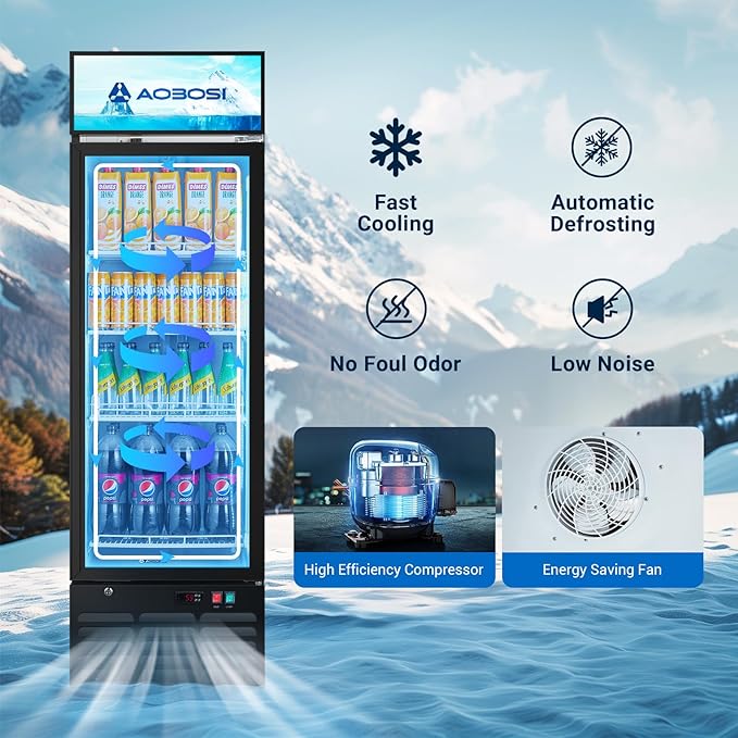 AAOBOSI Commercial Merchandiser Refrigerator,12.2Cu.Ft Glass Door Display Refrigerator,Upright Beverage Cooler Fridge with Soft LED Light, Customizable Lightbox,Universal Casters, Adjustable Shelves