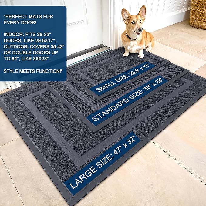 OLANLY Front Door Mat Indoor Outdoor Entrance, Waterproof All-Season, All-Weather Doormat, Sturdy Natural Rubber, Fade Resistant, Low Profile, Easy Clean Patio Porch Entryway Mat, 47x23, Dark Grey