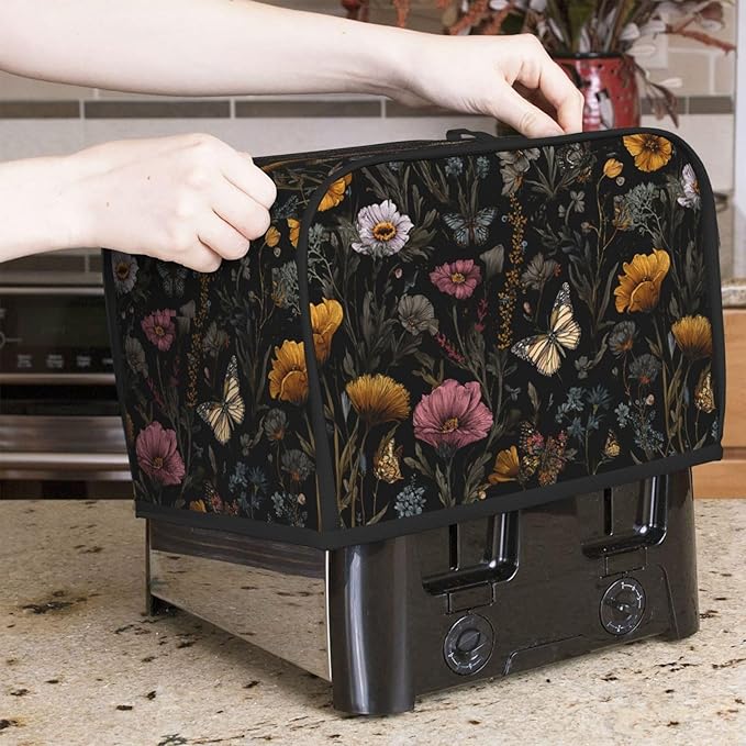 2 Slice Toaster Cover for Kitchen Flower Vintage Butterfly Botanical Waterproof Dustproof Toaster Dust Cover with Side Pockets Decorative Universal Cover for Wide Slot Toasters Small Appliances