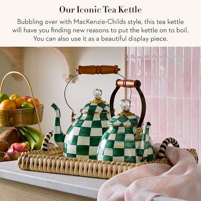 MACKENZIE-CHILDS Enamel Tea Kettle, Stylish Tea Kettle for Stovetop, Green-and-White Emerald Check, 3 Quarts