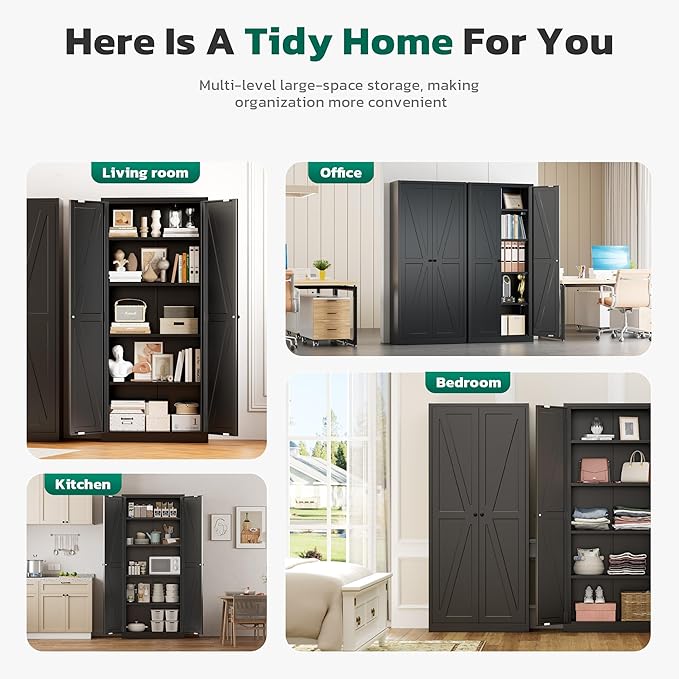 Greenvelly Metal Cabinet, 63" H Black Metal Storage Cabinet with Doors and 4 Shelves, Pantry Storage Cabinet for Kitchen, Bedroom, Living Room, Office (Farmhouse)
