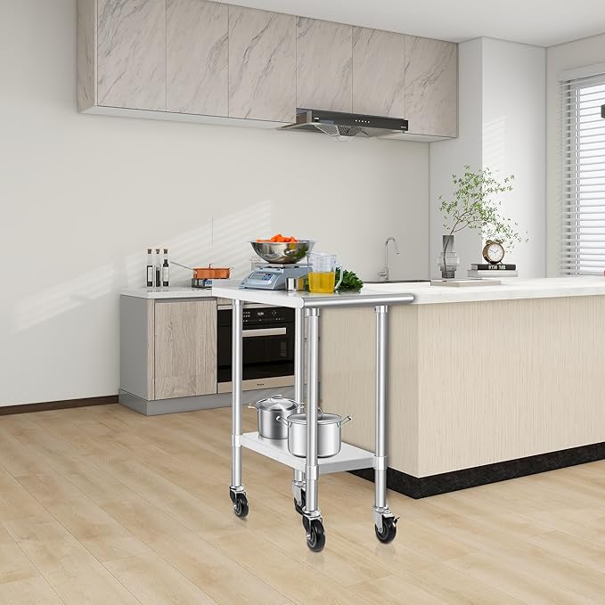 HARDURA Stainless Steel Commercial Work Table with Wheels Prep & Work Metal Table 30×18 Inches Heavy Duty NSF with Casters and 2" Backsplash