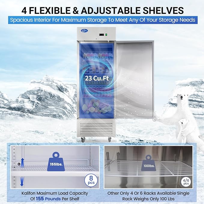 27" W Commercial Refrigerator, 23 Cu.ft Reach-in Stainless Steel Refrigerator, Single Door Upright Fan Cooling for Restaurant, Bar, Home, Shop, and Business(Equip 4 Shelves)
