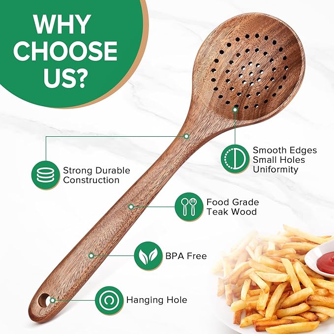 Wooden Cooking Utensil, Teak Slotted Spoon for Cooking, Natural Wood Colander Ladle Spoon with Holes, Long Handle Teak Skimmer Strainer Spoon with Teeth for Straining Draining Egg Meat Noodles,11.2″