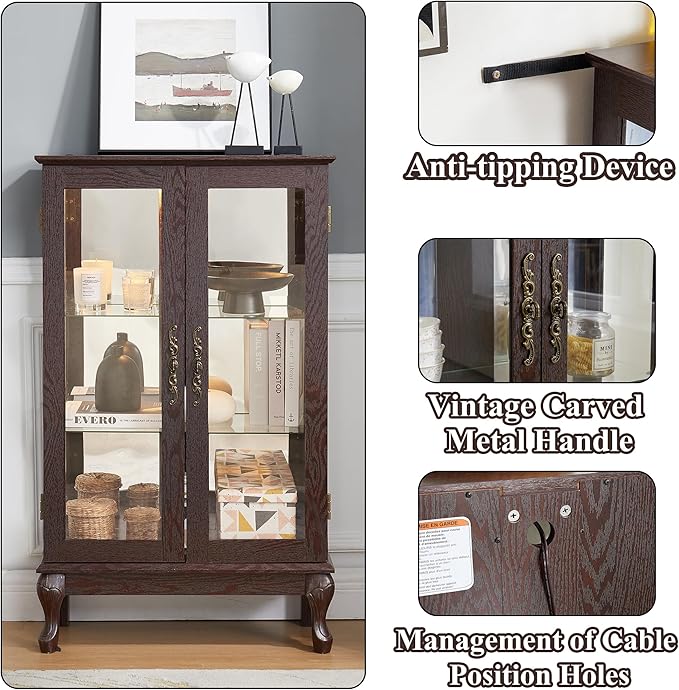 43" H Lighted Curio Cabinet Display Case, Glass Curio Cabinet with Adjustable Shelves and Tempered Glass Door, Wooden Cabinets w/Mirrored Back Pane for Living Room (Dark Cherry)