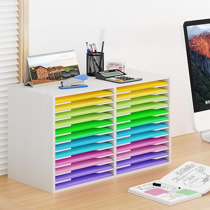 EasyPAG Scrapbook Paper Storage Organizer for Craft Room, 12x12 Paper Storage Desk Shelf, 24 Slot Adjustable File Sorter for Office School Classroom, White