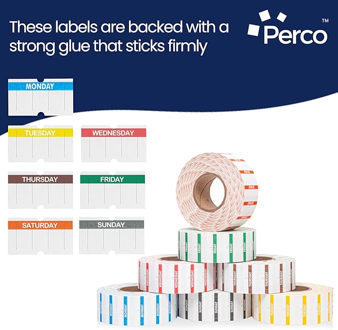 Perco 1 Line Day of The Week Labels - 7 Rolls (Full Week), 1 Sleeve, 7,000 Blank Dating Labels for Perco Lite, X, Plus and Pro 1 Line Date Guns