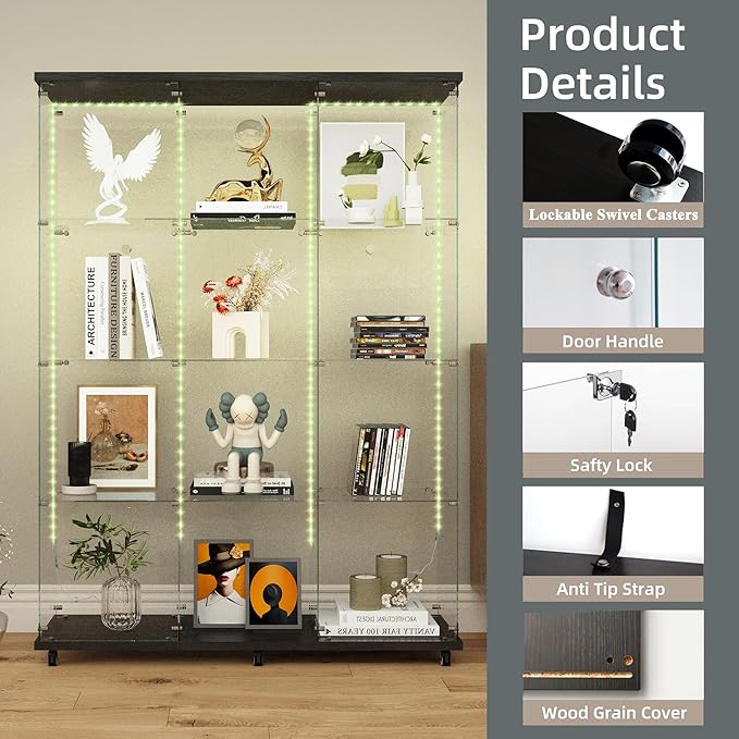 Glass Display Cabinet with LED Light Strip, 12 Shelves 3 Column 2 Doors, Large Curio Storage Cabinets with Lock & Caster for Living Room, Office, Floor Standing Glass Bookshelf - Black