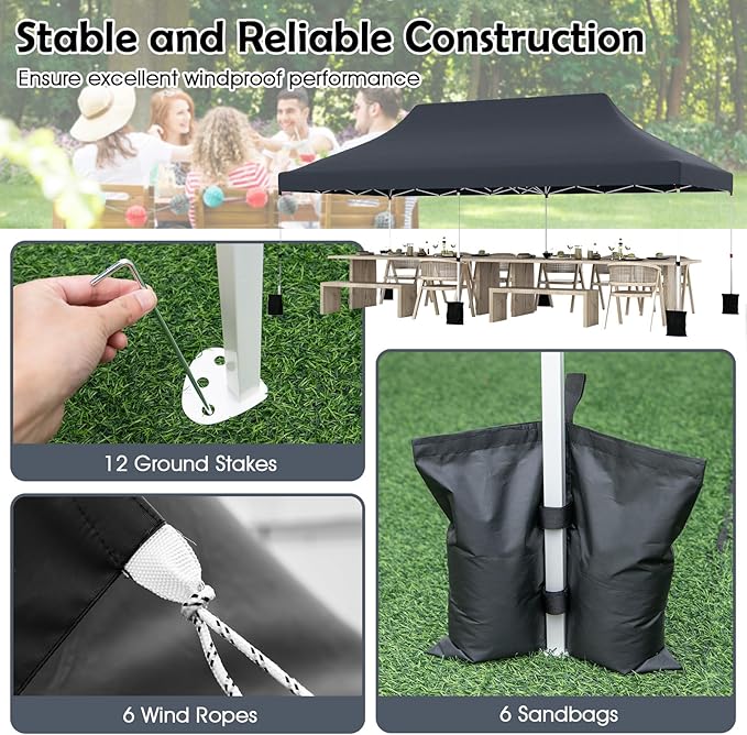 Tangkula 10x20 Ft Pop Up Canopy, Instant Setup Tent with 6 Sandbags, 12 Stakes & 6 Ropes, UPF 50+ Portable Outdoor Canopy Tent with Carrying Bag for Camp, Beach, Patio (Black)