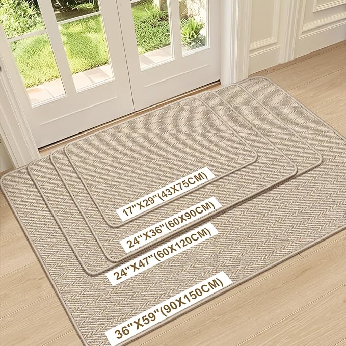 Ultra Thin Door Mat Indoor Entrance 24"x47", Low-Profile Indoor Door Mat, Non Slip Entry Mat Rubber Backing Unique Herringbone Design Inside Doormat Dirt Trapper Entryway Mats, Beige