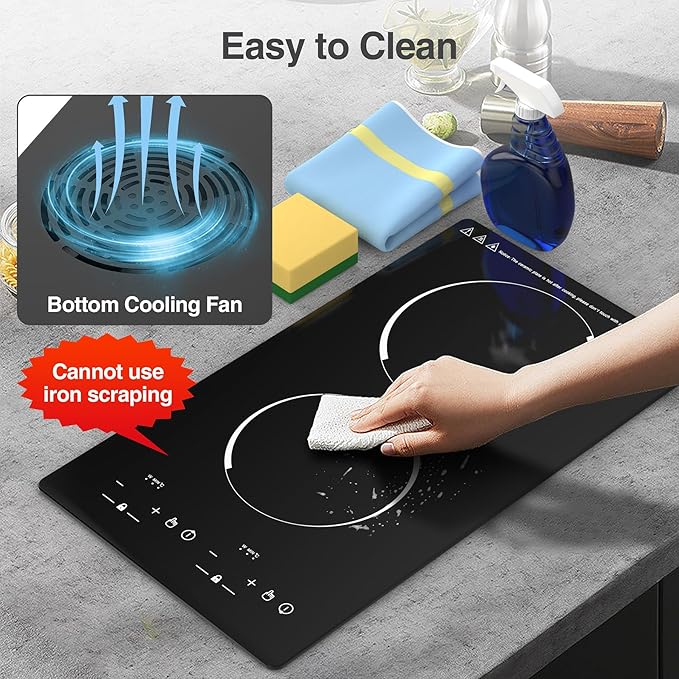 Double Induction Cooktop,110V 2 Burner Induction Cooktop,2300W Electric Stove Top with Independent Control, Ultrathin Body, 9 Temperature, Multiple Power Levels, 2 Hour Timer, Safety Lock