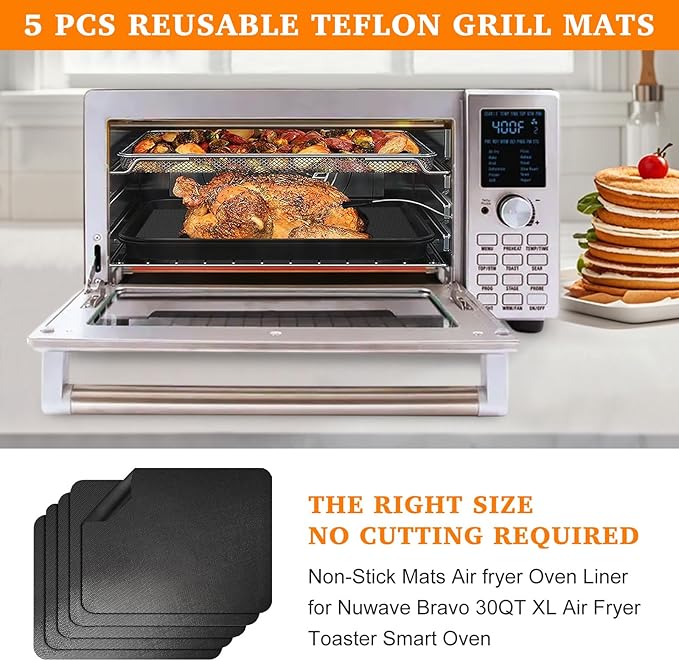 Air Fryer Liners Reusable Teflon Mats Compatible with Nuwave Bravo xl Air Fryer Toaster Smart Oven, Baking Sheet Liners AirFryer Accessories for Nuwave 12-in-1 30qt Oven, 5 Pcs, 9x13 inches