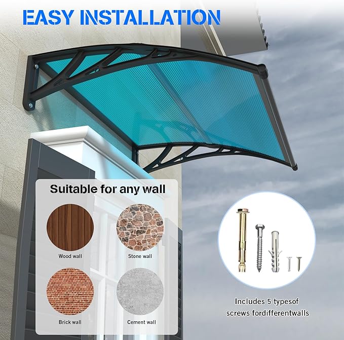 Awning for Door Entrance with Drainage Sink,32x80 Inch Awnings for Doors,Window Canopy Exterior with Plastic Steel Bracket,Polycarbonate Cover,UV,Rain,Snow Protection for House,Porch,Patio,Deck