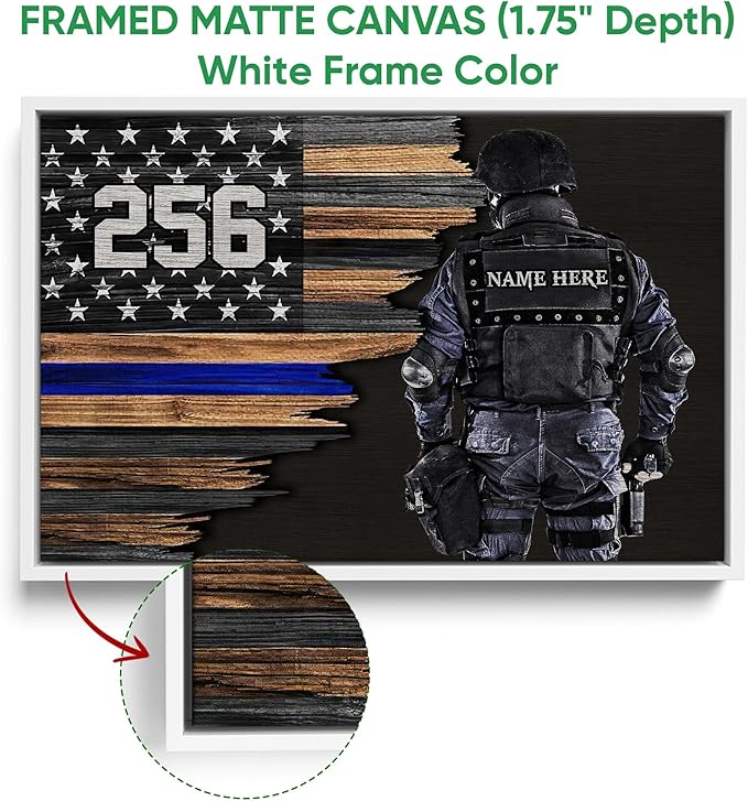 Custom Police Thin Blue Line Gifts For Policeman, First Responder Personalized Name Number Poster & Framed Canvas, Wall Art Home Office Decoration Living Room Bedroom Aesthetic Decor