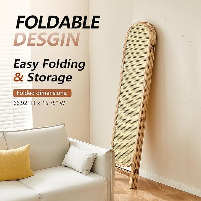 Room Divider and Folding Privacy Screen 5.6 Ft Rattan Room Divider with Double Hinges, Foldable Wood Partition Screen, Freestanding Wall Divider for Room Separation Home - 4 Panel Natural