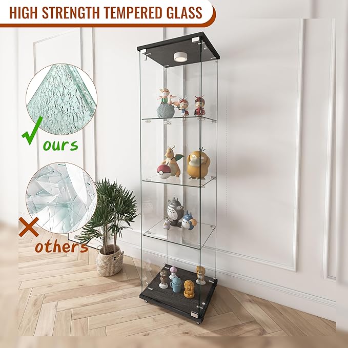 Yoluckea 4-Shelf Glass Display Cabinet with LED Lights, 1-Door Floor Standing Curio Cabinet with Universal Wheel for Home or Office, Black Glass Bookshelf for Collections, Decor, and Corner Display