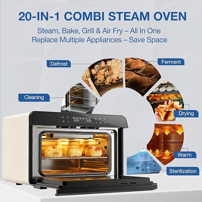 ROBAM Countertop Combi Steam Oven, 20-in-1 Multifunction Air Fryer, Convection Steam Roast & Bake, Multi-Stage Cooking, Self-Clean, Heat-Resistant, 7 Modes, 30 Built-In Recipes CT763 (White)