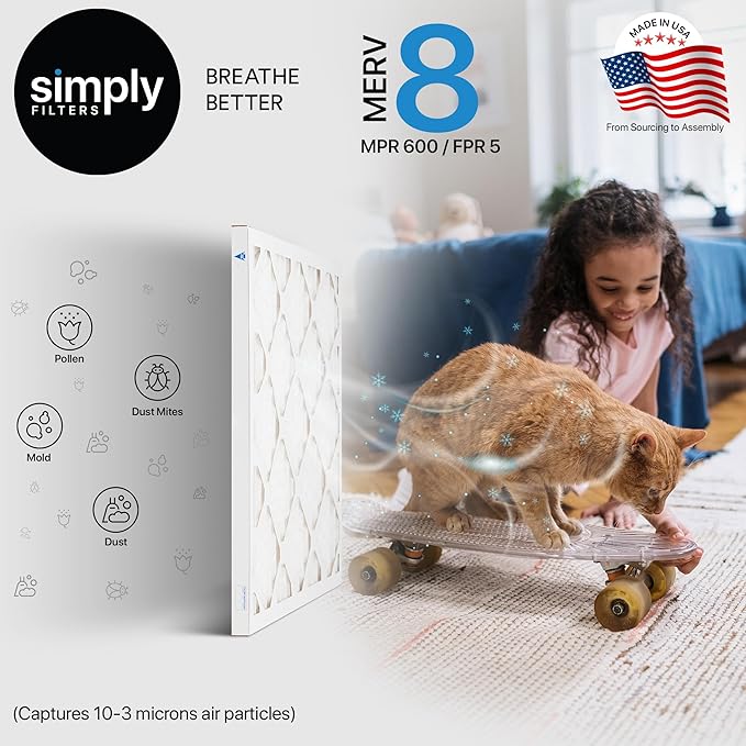 Simply 16x22x1 Air Filter, Merv 8, 6 Pack, For Home AC Furnace & HVAC (Actual Size: 15.75"x21.75"x0.75") DUST, Pet, & Allergy Control