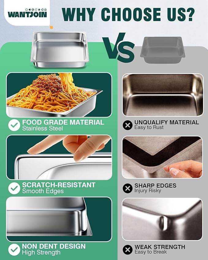 WantJoin Steam Table Hotel Pans 1/2 Half Size 2.5 Inch Deep 6 Pack, Stainless Steel Metal Tray Sets Food Storage Container for Restaurant Chafing Dishes Commercial Buffet Warmer Catering Supplies