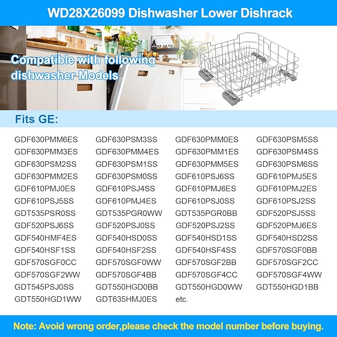 Upgraded WD28X34744 WD28X26099 Dishwasher Lower Rack Compatible with GE Dishwasher Rack Parts,WD28X28918 WD28X22659 WD28X34744 GDF510PSM0SS 304 Stainless Steel GE Dishwasher Bottom Rack with Wheel