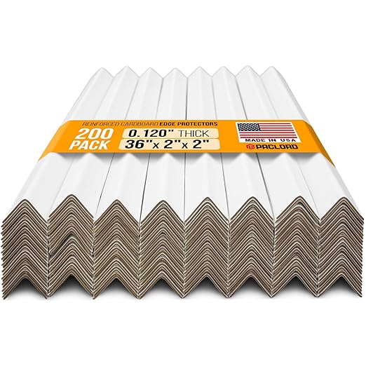 36" x 2" x 2" Reinforced Cardboard Edge Protectors, White (Pack of 200) – 0.12" Thick Medium-Duty Cardboard Corner Protectors for Shipping – American Quality V-Board Pallet Edge Guard