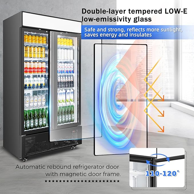 Commercial Merchandiser Display Refrigerator with 2 Glass Doors 30 Cu.ft Beverage Back Bar Cooler Black Drink Fridge for Convenience Stores, Supermarkets, Bars, Offices