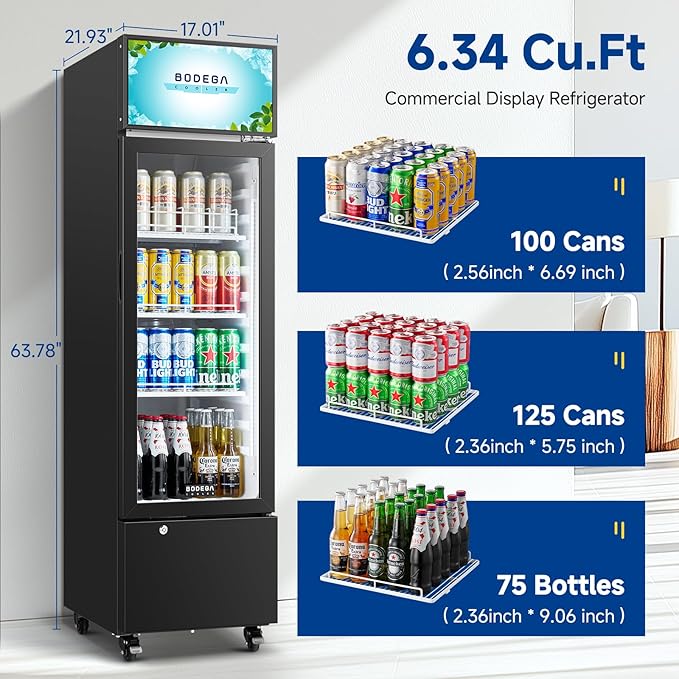 BODEGACOOLER Commercial Refrigerators, Drink Fridge with Glass Door, Tall Beverage Cooler, Single Door Display Refrigerator, for Beer, Soda, 6.34 Cu.ft Capacity