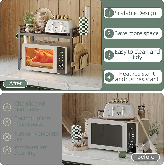 NETEL Expandable Microwave Stand,2 Tier Metal Kitchen Countertop Organizer Shelves with Paper Towel and Chopping Board Holder,Bakers Rack,Microwave Shelf,Microwave Oven Rack,55lbs Weight Capacity