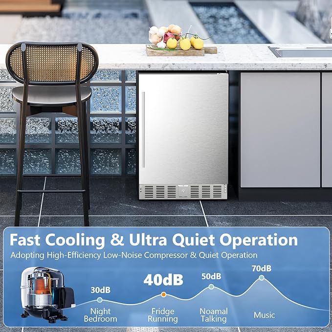 24 Inch Under Counter Beverage Refrigerator, Built-in and Freestanding Beverage Fridge Cooler 180 Cans with Stainless Steel Seamless Door, Powerful Cooling Compressor for Patio Kitchen, Commercial Use