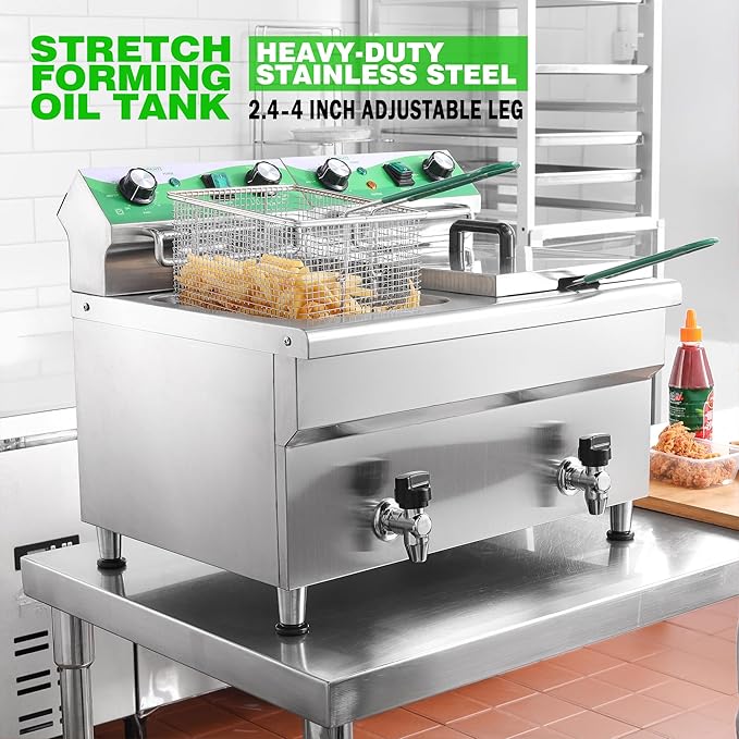 24L/25.4QT Commercial Deep Fryer with 2 Baskets and Lids, 110V Electric Fryer with Oil Filtration and Timer, Stainless Steel Large Double Tank Fryer Countertop Deep Fryer for Restaurant 3500W