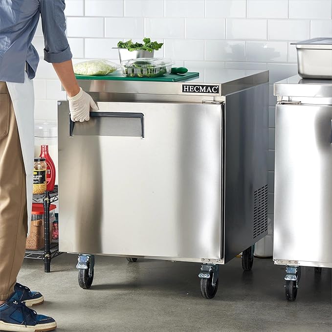 HECMAC 27" Commercial Freezer, 7.2 Cu.ft Worktop Undercounter Fridge with Single Solid Door, -8~0℉, 18-8 Stainless Steel Interior, ETL&NSF/ANSI 7 for Restaurant, Bar, Shop, Kitchen Use