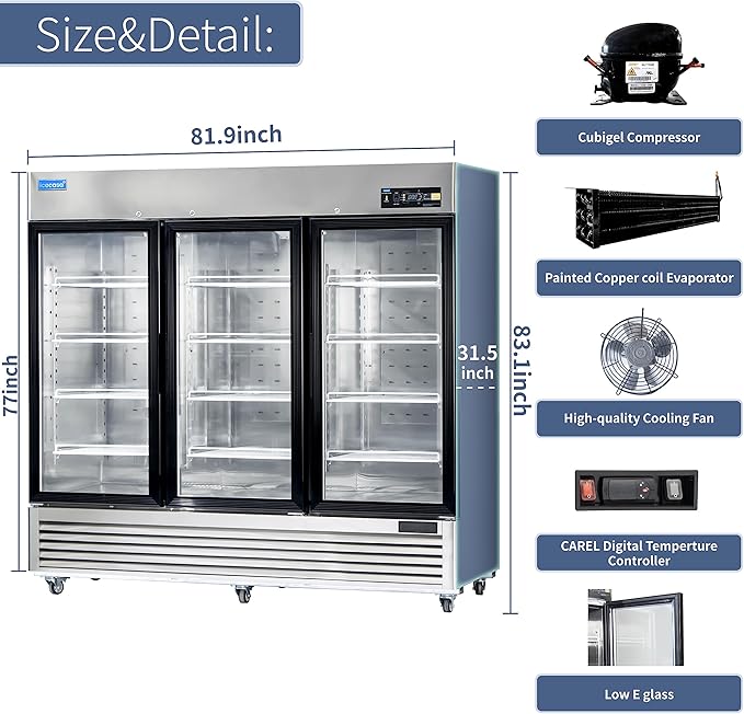 ICECASA 82" W Commercial Display Refrigerator 3 Glass Door Merchandiser Reach-in 72 Cu.ft Stainless Steel Display Refrigerator Fan Cooling for Restuarant, Bar, Shop, etc