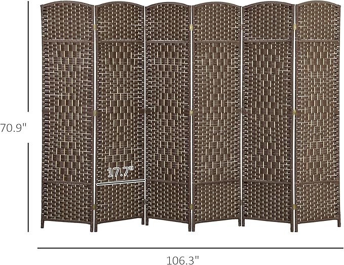 HOMCOM 6 Panel Room Divider, 6' Tall Folding Privacy Screen, Woven Freestanding Wall Partition for Home Office, Bedroom, Brown