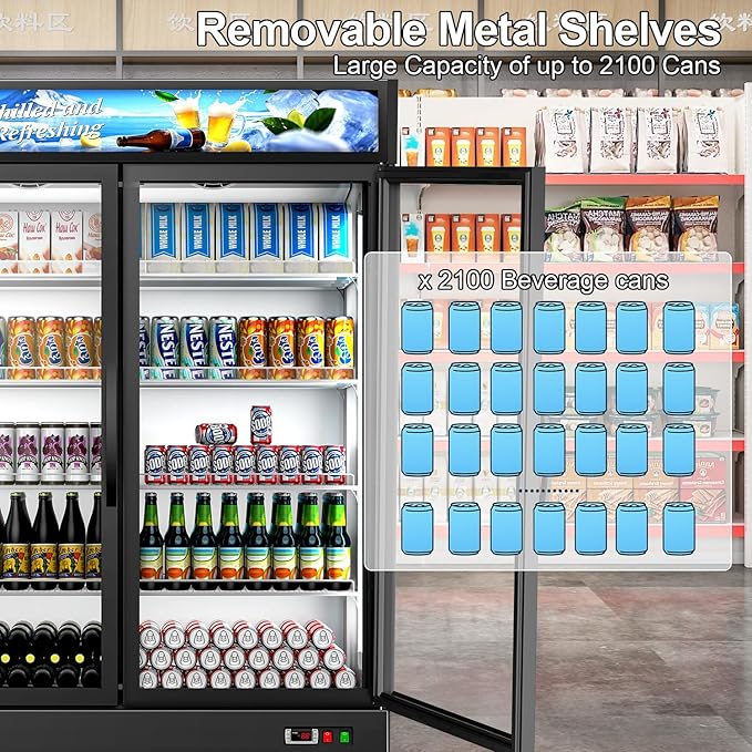 Tylza Commercial Refrigerator, Double Glass Door Display Beverage Fridge, 41.3 Cu Ft Upright Beverage Cooler Merchandiser with Replaceable Advertising Light Board, Rebound Door, Fast Cooling, Black