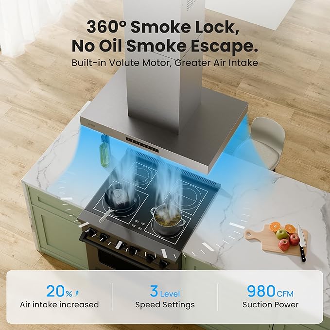 Island Range Hood 36 Inch, 980 CFM Island Mount Range Hood with Dual-Sided Touch/Gesture Control, Ceiling Mount kitchen Hood, Convertible Ducted/Ductless, 3-Speed Fan&4 LED Lights, 3 Baffle Filters