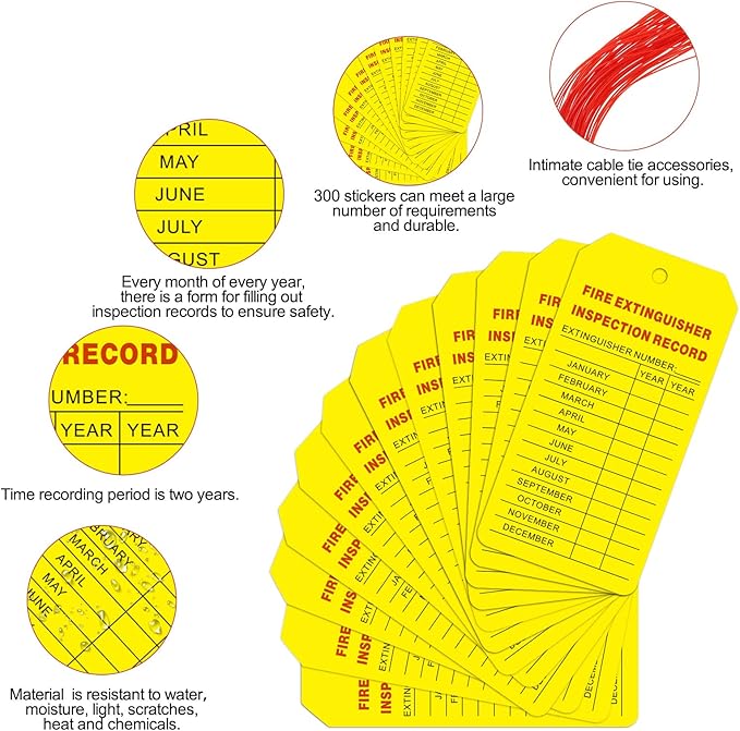 Outus 50 Sets Fire Extinguisher Tags with Adjustable Wire Ties 4.2 x 2.1 Inch Monthly Inspection Waterproof Tags Extinguisher Recharge and Inspection Record for Indoor Outdoor(Red and Yellow)