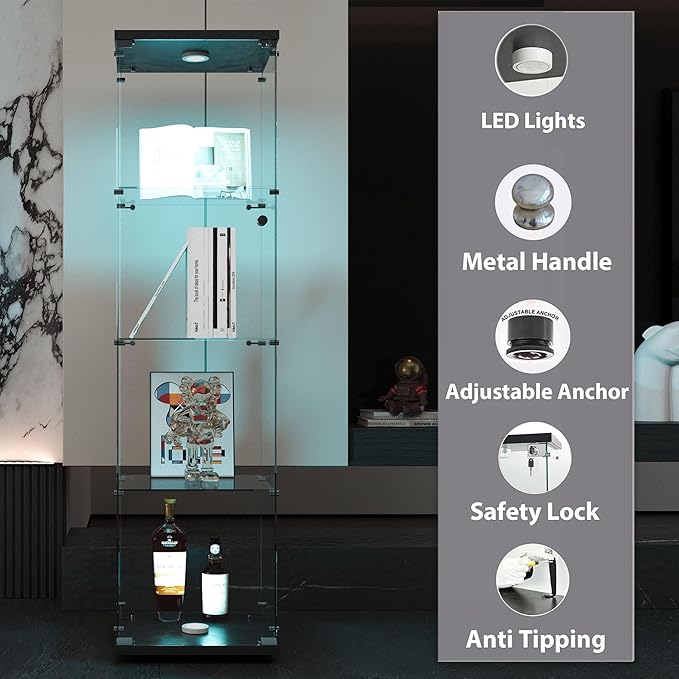 4-Shelf LED Lights Glass Display Cabinet, Floor Standing Glass Curio Cabinet with Door & Lock, Bookshelf, Toys & Trophy Display Case for Living Room, Bedroom & Exhibition Hall (Black)