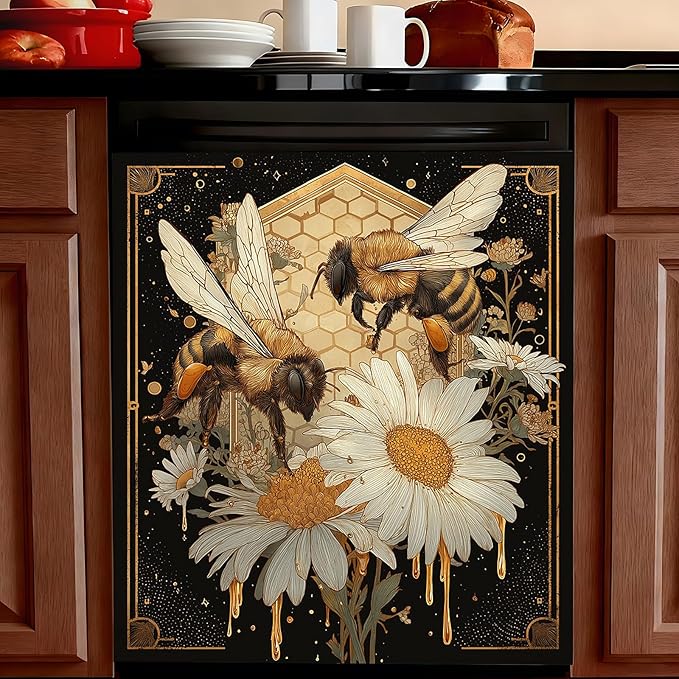 Dishwasher Magnet Cover, Creative Patterns Sticker, Dishwasher Magnetic Decoration, Refrigerator Protection Decoration, Bee and Flower, Kitchen Art Decoration 23x25.5 inches