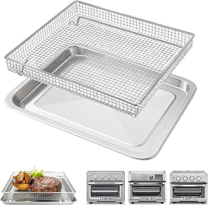 Air Fryer Basket Tray Replacement for Cuisinart TOA-60 TOA-65 TOA-70 Toaster Air Fryer Convection Oven, 12.2 * 11''Mesh Air Fryer Steel Basket Wire Rack Accessories Parts, Dishwasher Safe