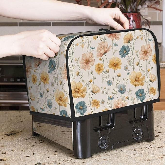 2 Slice Toaster Cover for Kitchen Vintage Flower Print Botanical Waterproof and Dustproof Toaster Dust Cover with Side Pockets Decorative Universal Cover for Wide Slot Toasters and Small Appliances
